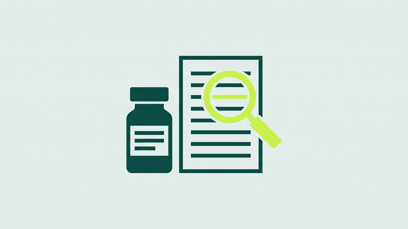 Flat illustration of a prescription vial beside a register sheet with a magnifying glass over it