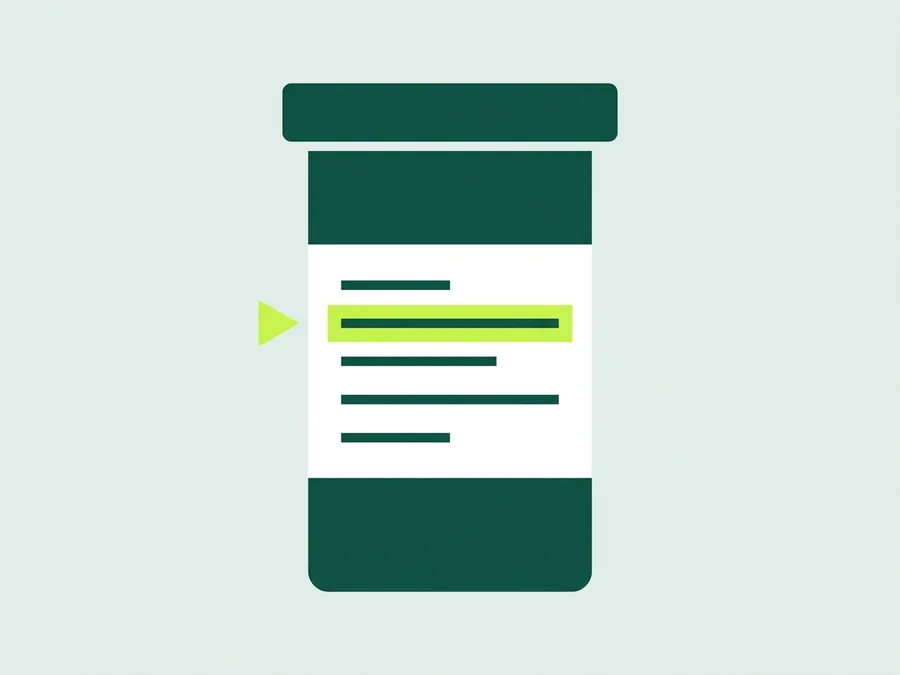 Flat illustration of a prescription vial whose label has one line marked