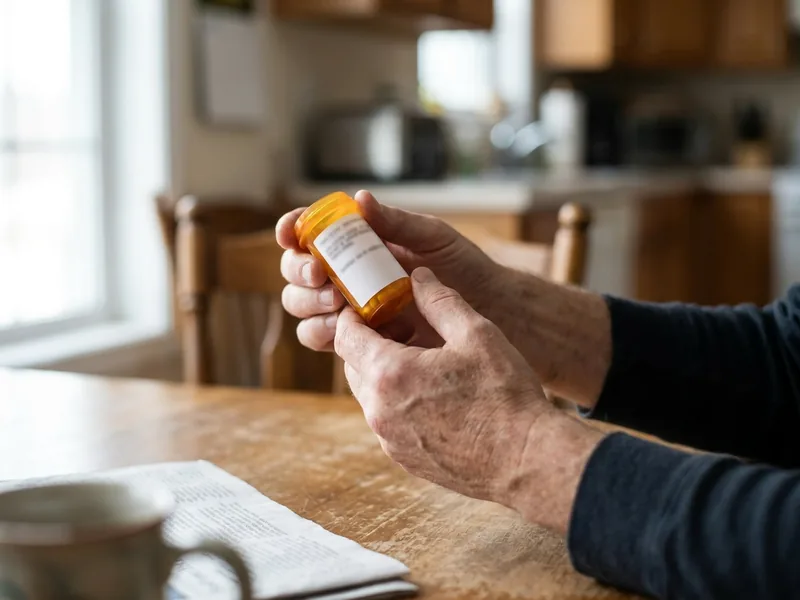 Hands holding a small labelled prescription vial above a kitchen table