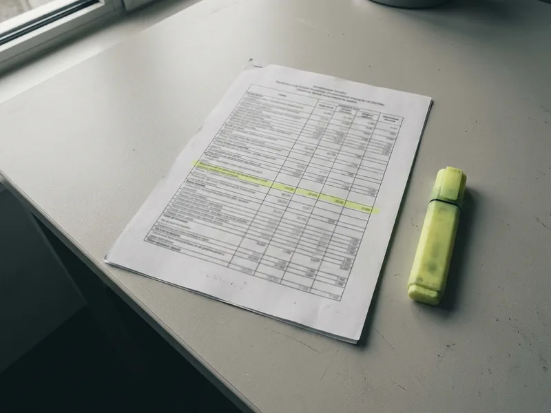 A printed table of records on a desk with one row marked by a highlighter