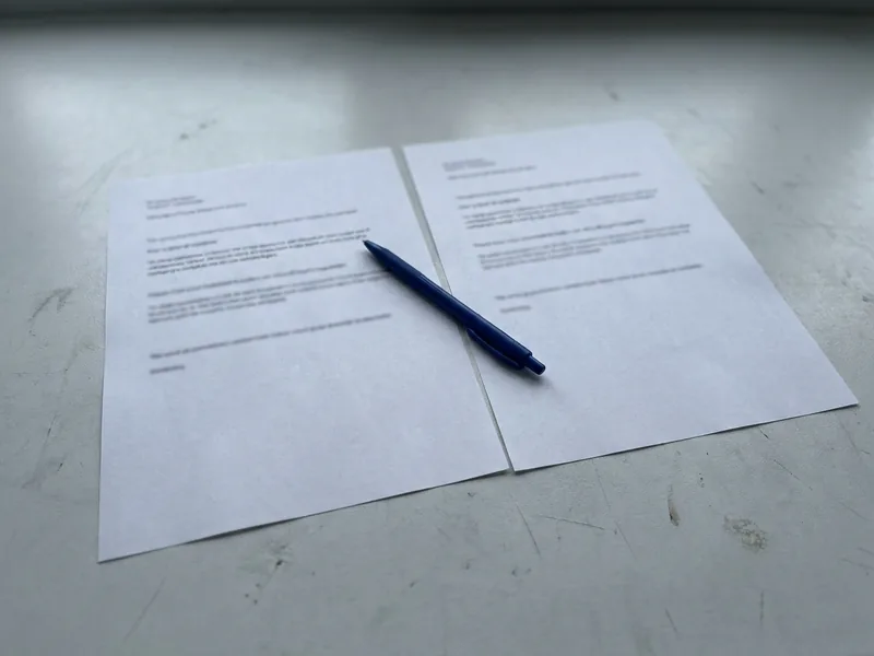 Two printed sheets laid side by side on a desk with a pen between them